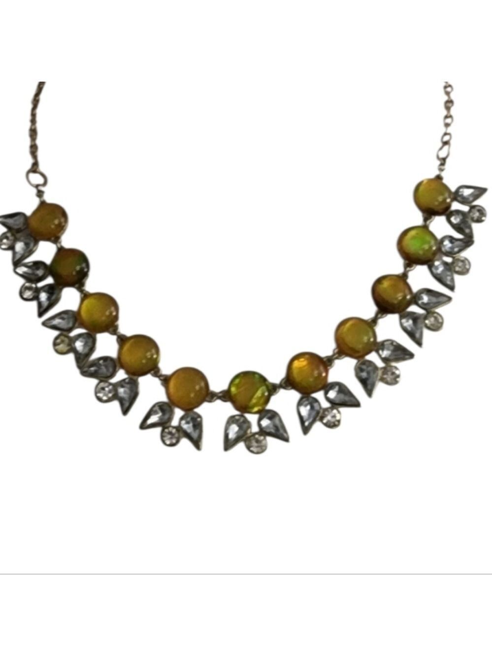 Bold Goldtone Statement Necklace with Gold, Green & Clear Rhinestones